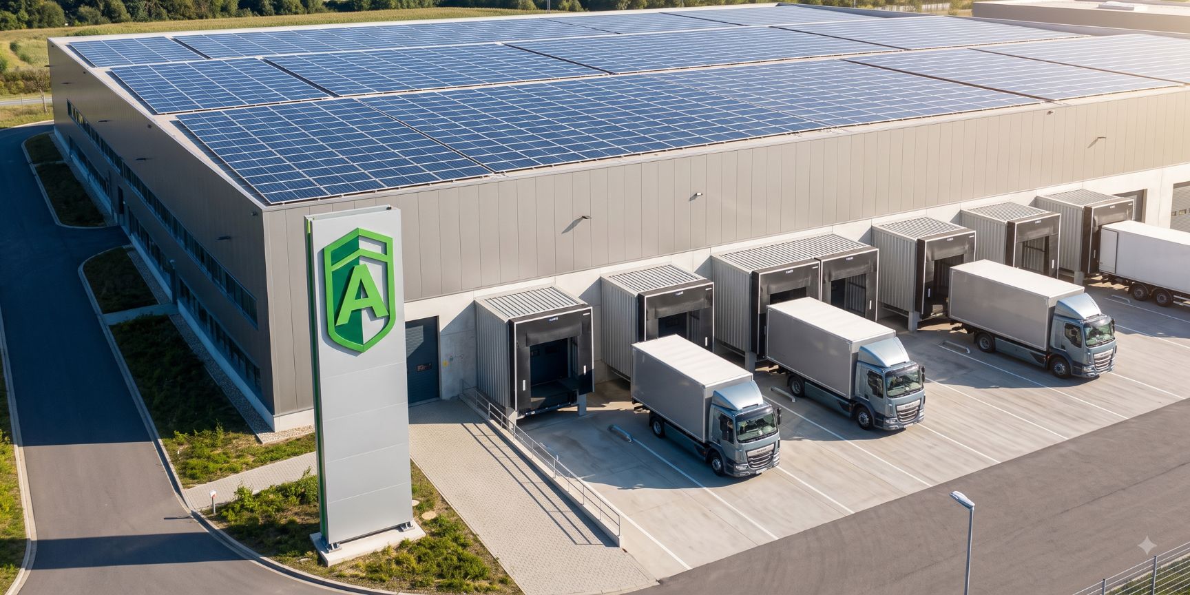 SEO photo of a modern logistics property with a photovoltaic roof and efficient LED lighting. Visualizes energy label A for warehouse logistics and ESG.